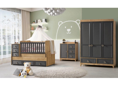 Elegante muebles de habitación infantil, habitación infantil, cama infantil gris de madera, set de 4 piezas.