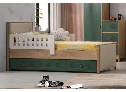 Elegante cama infantil de 200 cm, cama juvenil de madera, tela moderna para la habitación de los niños.