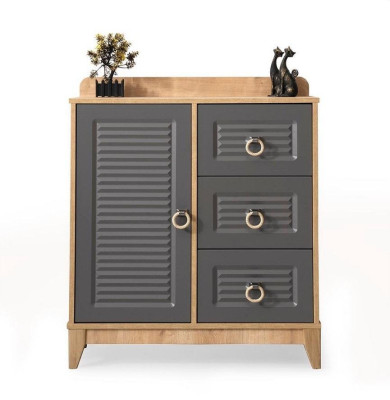 Cómoda en la habitación de los niños. Elegante cómoda de madera gris en diseño de muebles moderno.