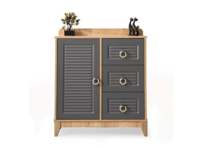 Cómoda en la habitación de los niños. Elegante cómoda de madera gris en diseño de muebles moderno.