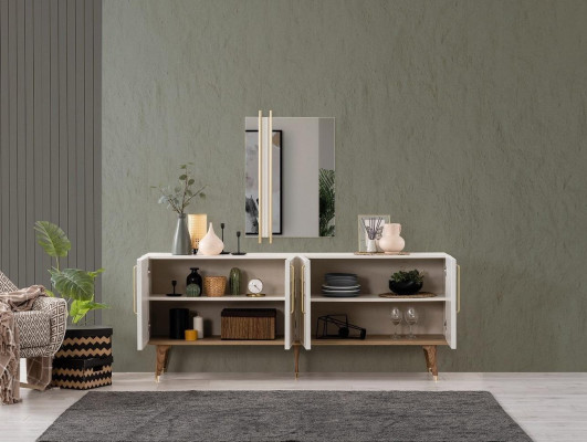 Mueble aparador con espejo, cómodas para comedor de madera blanco.