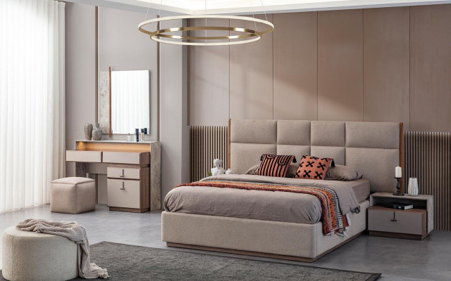 Muebles de lujo para dormitorio cama doble mesitas de noche gris armario de 6 piezas cama