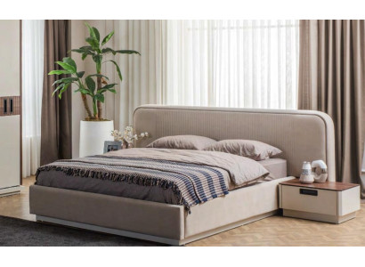 Muebles de dormitorio elegantes, diseñador de cama doble tapizada con 2 mesitas de noche.