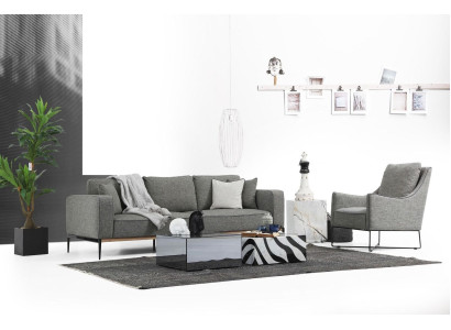 Sofá de 4 plazas con butaca de tela en diseño moderno de color gris.