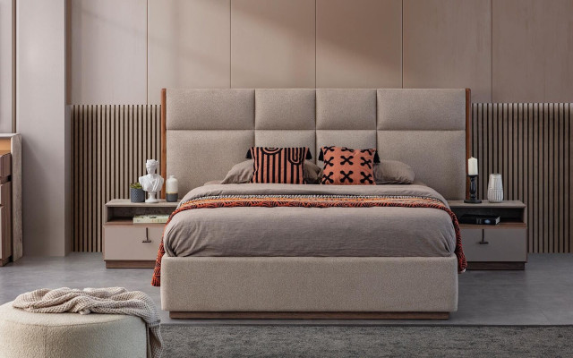 Cama doble Dormitorio Mesitas de noche Gris Conjunto de 3 piezas Cama con cajones