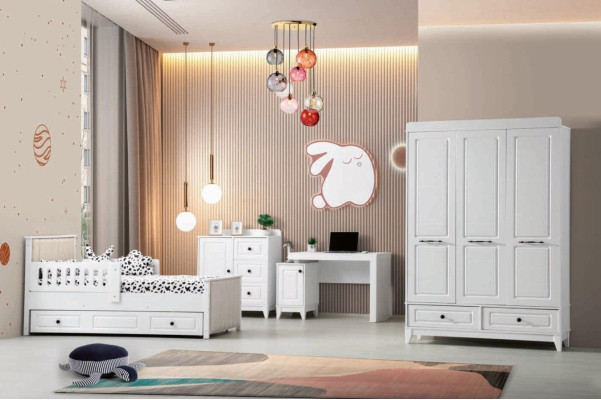 Moderno conjunto de habitación juvenil completo de lujo de 4 piezas en color blanco nuevo.