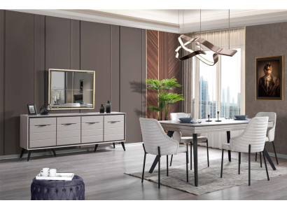 Muebles de comedor de madera modernos y lujosos, vitrina con espejo, mesa de comedor y 6 sillas.