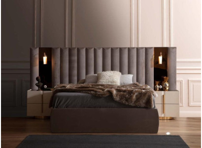 Juego de dormitorio marrón con cama doble de diseñador, 2 mesitas de noche blancas, 3 piezas.