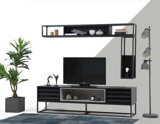Mueble de TV RTV, estante bajo, estanterías, juego de soporte para TV de madera moderno diseño negro.