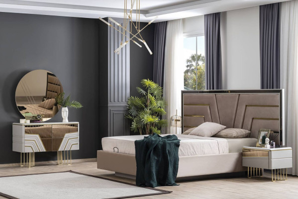 Dormitorio Set Cama 2x Mesitas de noche Cómoda Espejo Set de lujo de 5 piezas