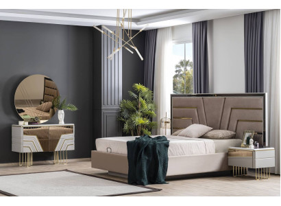 Dormitorio Set Cama 2x Mesitas de noche Cómoda Espejo Set de lujo de 5 piezas