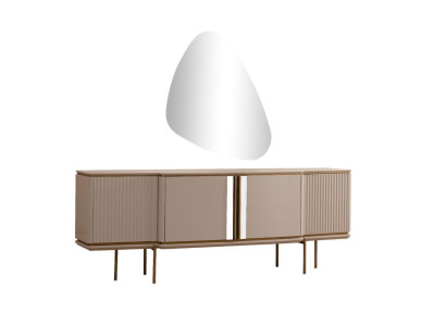 Mueble de comedor beige de 2 puertas con espejo lujoso. Mueble de madera moderno.