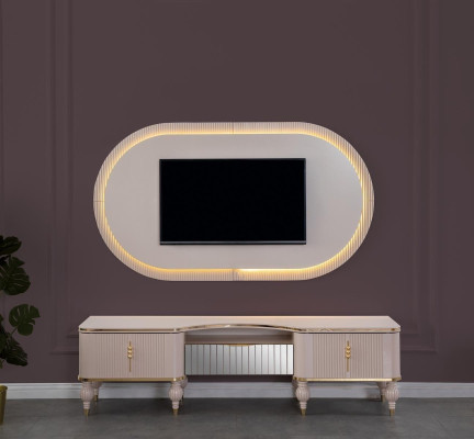 Mueble de salón moderno en beige Conjunto de diseñador RTV Lowboard Panel de pared de 2 piezas.