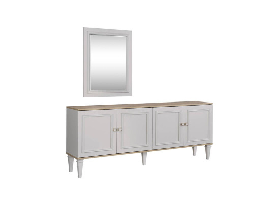 Conjunto de aparador con espejo, cómodas y aparadores de madera gris para el comedor.