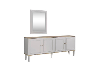 Conjunto de aparador con espejo, cómodas y aparadores de madera gris para el comedor.