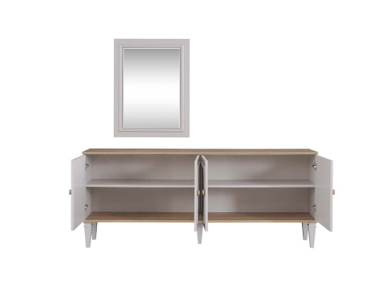 Conjunto de aparador con espejo, cómodas y aparadores de madera gris para el comedor.