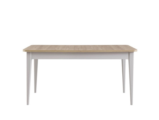 Mesa extensible de comedor de madera gris.