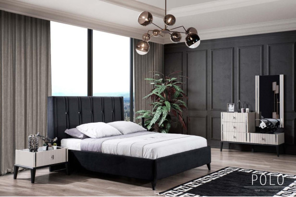 Conjunto de dormitorio negro con cama de diseñador, 2 mesitas de noche de madera y tocador.
