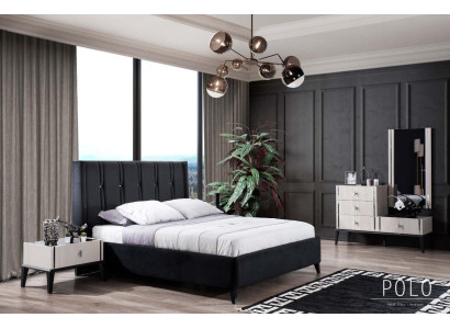 Conjunto de dormitorio negro con cama de diseñador, 2 mesitas de noche de madera y tocador.