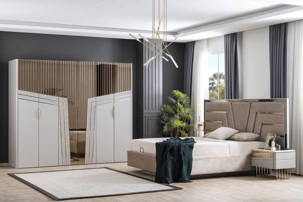 Moderno juego de dormitorio: cama de diseñador, 2 mesitas de noche, armario.