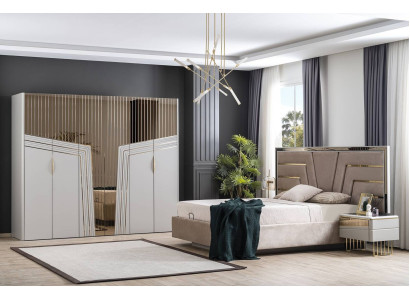 Moderno juego de dormitorio: cama de diseñador, 2 mesitas de noche, armario.