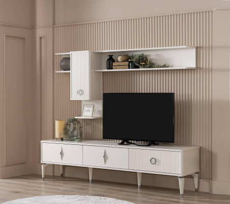 Mueble para TV completo, mueble de pie RTV, estanterías de salón en blanco y madera.