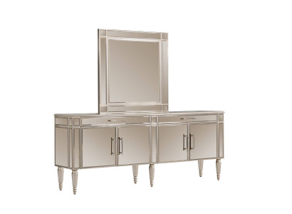 Comoda de comedor beige con espejo, lujo, buffet de madera, muebles de lujo, comodas elegantes.