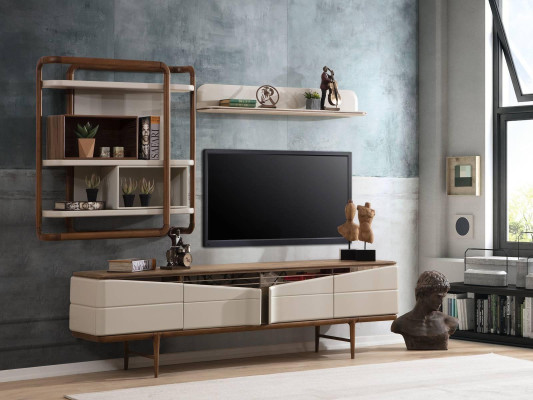 Sala de estar beige Conjunto de muebles RTV-Lowboard 2 estanterías de madera Muebles de diseñador