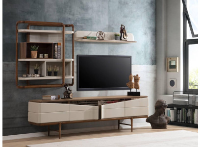 Sala de estar beige Conjunto de muebles RTV-Lowboard 2 estanterías de madera Muebles de diseñador