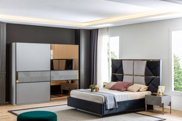 Moderno conjunto de dormitorio: cama de diseñador, 2 mesitas de noche, armario.