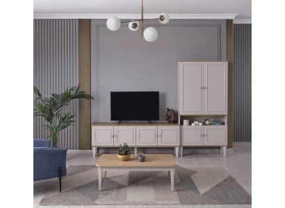 Conjunto de soporte de TV, armario RTV, estante bajo de salón, estanterías de sala de estar en madera gris.