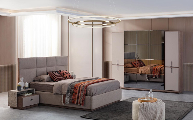 Dormitorio completo Cama doble Mesillas de noche Gris 4 piezas Armario