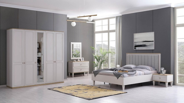 Muebles de dormitorio completos, camas modernas de madera de 6 piezas en color gris.