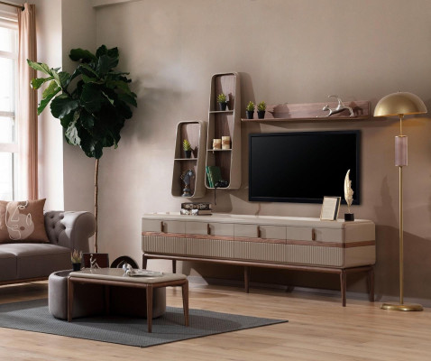 Diseñador RTV-Lowboard. Elegantes estantes de lujo. Muebles de madera elegantes para la sala de estar.