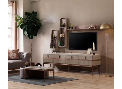 Diseñador RTV-Lowboard. Elegantes estantes de lujo. Muebles de madera elegantes para la sala de estar.