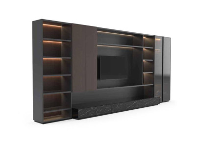 Moderna pared de sala de estar, armario moderno marrón de madera.