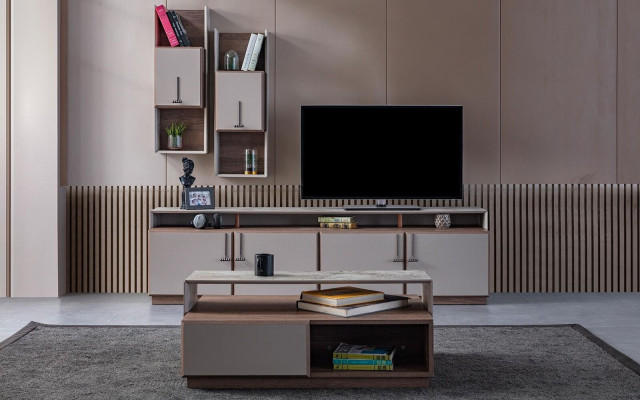 Grupo de sala de estar con soporte para TV, armarios de pared, mesa baja en gris, juego de 3 piezas.