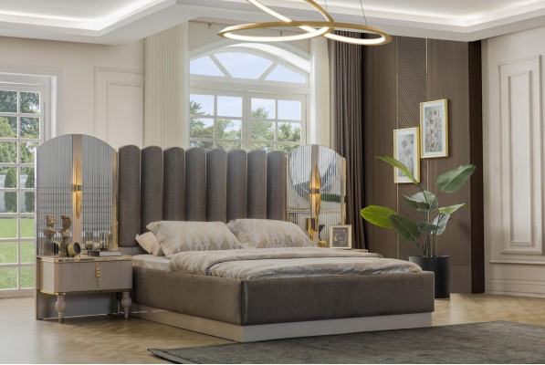 Muebles de dormitorio exclusivos. Cama doble de diseño. Mesillas de noche modernas.
