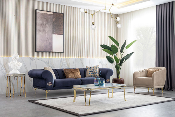 Conjunto de sofás moderno azul-beige de diseñador 3+1 - asientos lujosos silla de sala de estar