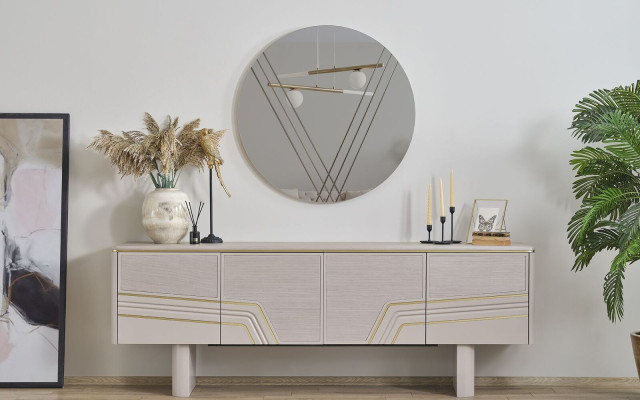 Mueble de madera de lujo en beige, diseño de lujo, cómoda diseñada, espejo redondo de lujo moderno de 2 piezas.