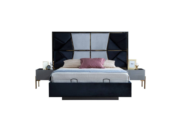 Juego de dormitorio gris, cama doble de diseñador con 2 mesitas de noche, nuevo.
