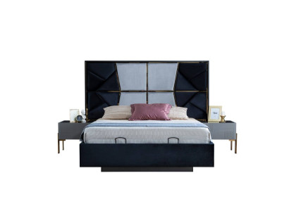 Juego de dormitorio gris, cama doble de diseñador con 2 mesitas de noche, nuevo.
