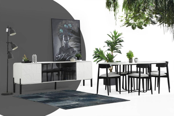 Grupo de comedor Mesa Sillas Aparador Mesa de madera Conjunto de 8 piezas Blanco