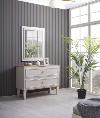 Cómoda con espejo, consola de dormitorio de madera gris moderna de 2 piezas.