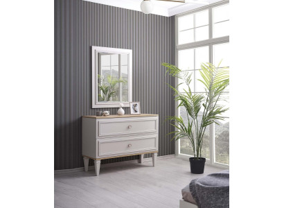 Cómoda con espejo, consola de dormitorio de madera gris moderna de 2 piezas.