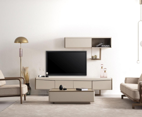 Mueble beige de salón de madera con diseño de estantería de diseñador, lujoso.