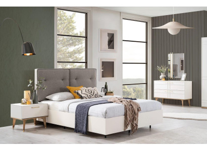 Juego de dormitorio Cama doble Completo Cama Blanco Tela 3 piezas Moderno