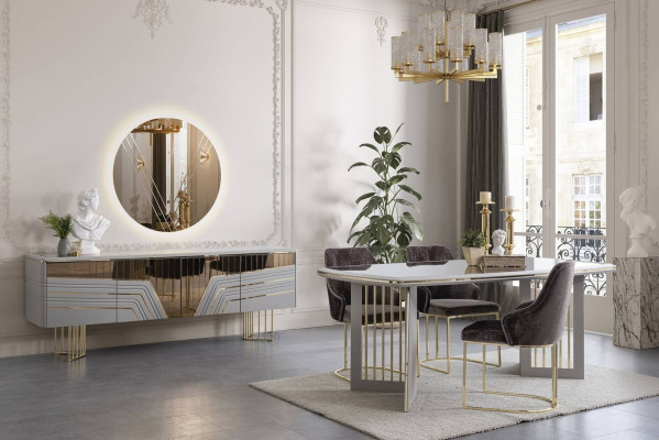 Grupo de comedor moderno, conjunto de comedor con mesa de comedor, 4 sillas y aparador.