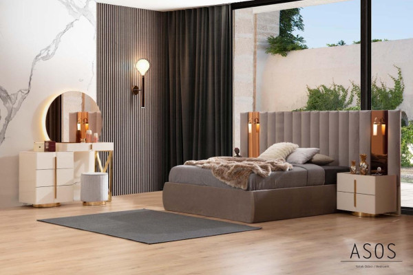 A juego de dormitorio elegante con tocador de diseñador de madera y 2 mesitas de noche.