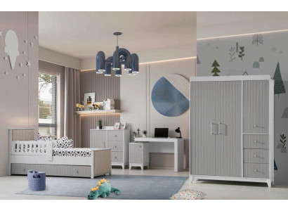Conjunto de dormitorio infantil: cómoda, armario, cama y escritorio.